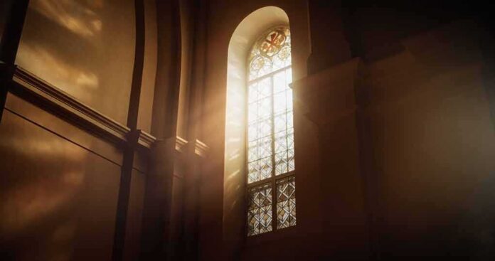 sunlit stained glass window in a church interior