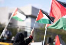 Buried Together — The Strike That Vanished Generations Person waving a Palestinian flag at a rally