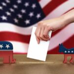 Election Shields Up: Pentagon Goes Hunting Hand casting ballot between Republican elephant and Democratic donkey
