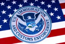 ICE emblem on an American flag