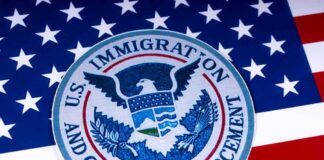 ICE emblem on an American flag
