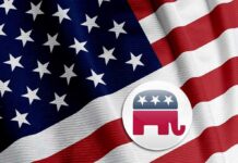 GOP Panic Money Floods Map – Safe Seats on Fire American flag with Republican elephant emblem