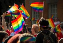 Alberta Clash: Court Fight Looms Over Kids’ Care Crowd waving rainbow flags at an outdoor event