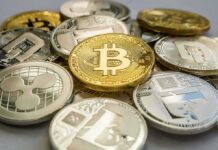Crypto Stunt: Hunter Trolls MAGA Stack of assorted cryptocurrency coins with a gold bitcoin in the center