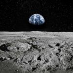 Banned Treaty Killed Moon Weapons Moon surface with footprints and Earth rising over the horizon