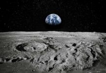 Banned Treaty Killed Moon Weapons Moon surface with footprints and Earth rising over the horizon