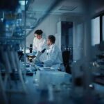 26 Genetic Hits Rattle Fibro Debate Scientists working in a modern laboratory