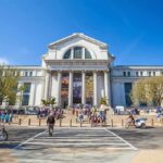 Neoclassical museum building with columns and busy entrance