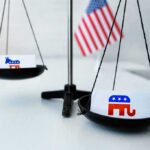 Free-Speech Ruling Supercharges Republicans Scales with political party symbols and a small American flag