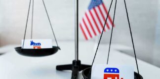 Scales with political party symbols and a small American flag