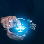 AI Romance Ban Sparks Mass Breakups Hands using smartphone with glowing justice scale and AI icons