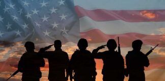 Soldiers saluting at sunset with American flag overlay