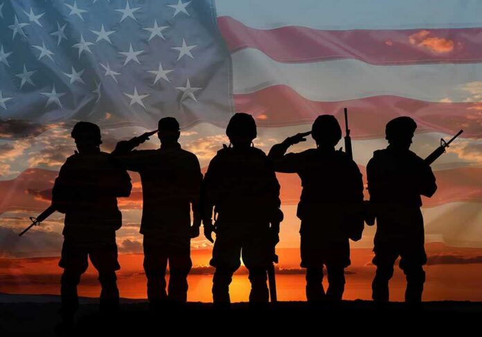 Soldiers saluting at sunset with American flag overlay