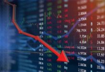 Red downward arrow over stock market chart and data