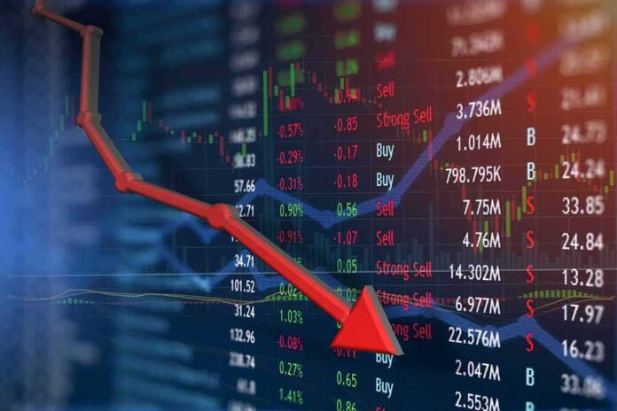 Red downward arrow over stock market chart and data