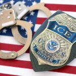 NYC Uproar After ICE Gunfire – Child Inside ICE officer badge and handcuffs on an American flag
