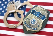NYC Uproar After ICE Gunfire – Child Inside ICE officer badge and handcuffs on an American flag