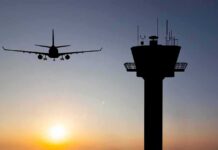 D.C. Airspace Chaos – The Fatal Overlap Airplane approaching runway near airport control tower at sunset