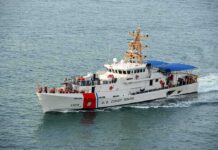 Debris Found – But Where’s The Med Jet Crew? U.S. Coast Guard patrol boat cruising at sea